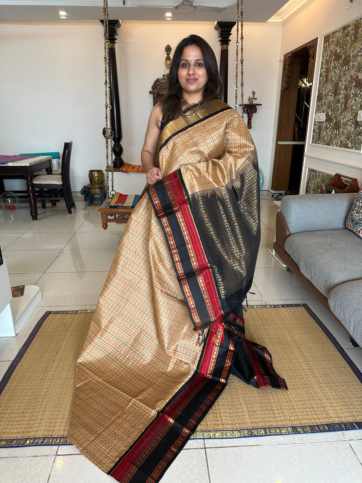 Biscuit Colour with Black Body Lakshadeepam Rich Pallu Korvai Silk Cotton Saree