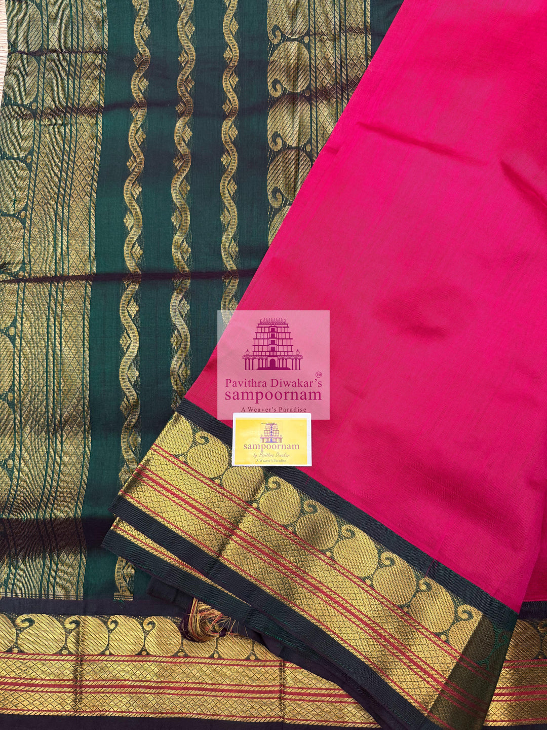 Magenta with Green , traditional borders and rich Pallu Korvai Silk Cotton Saree