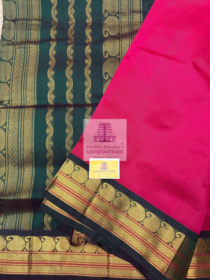 Magenta with Green , traditional borders and rich Pallu Korvai Silk Cotton Saree