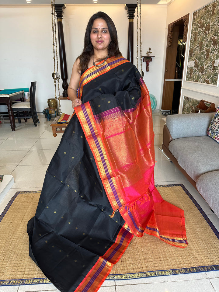 Black with Pinkish Orange Body Butta , Rich Pallu Korvai Silk Cotton Saree