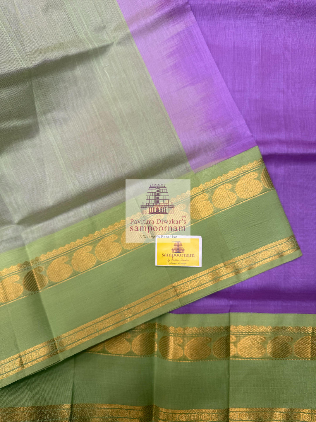 Lavender with Pastel Green , rettapet Mango border and rich Pallu Korvai Silk Cotton Saree