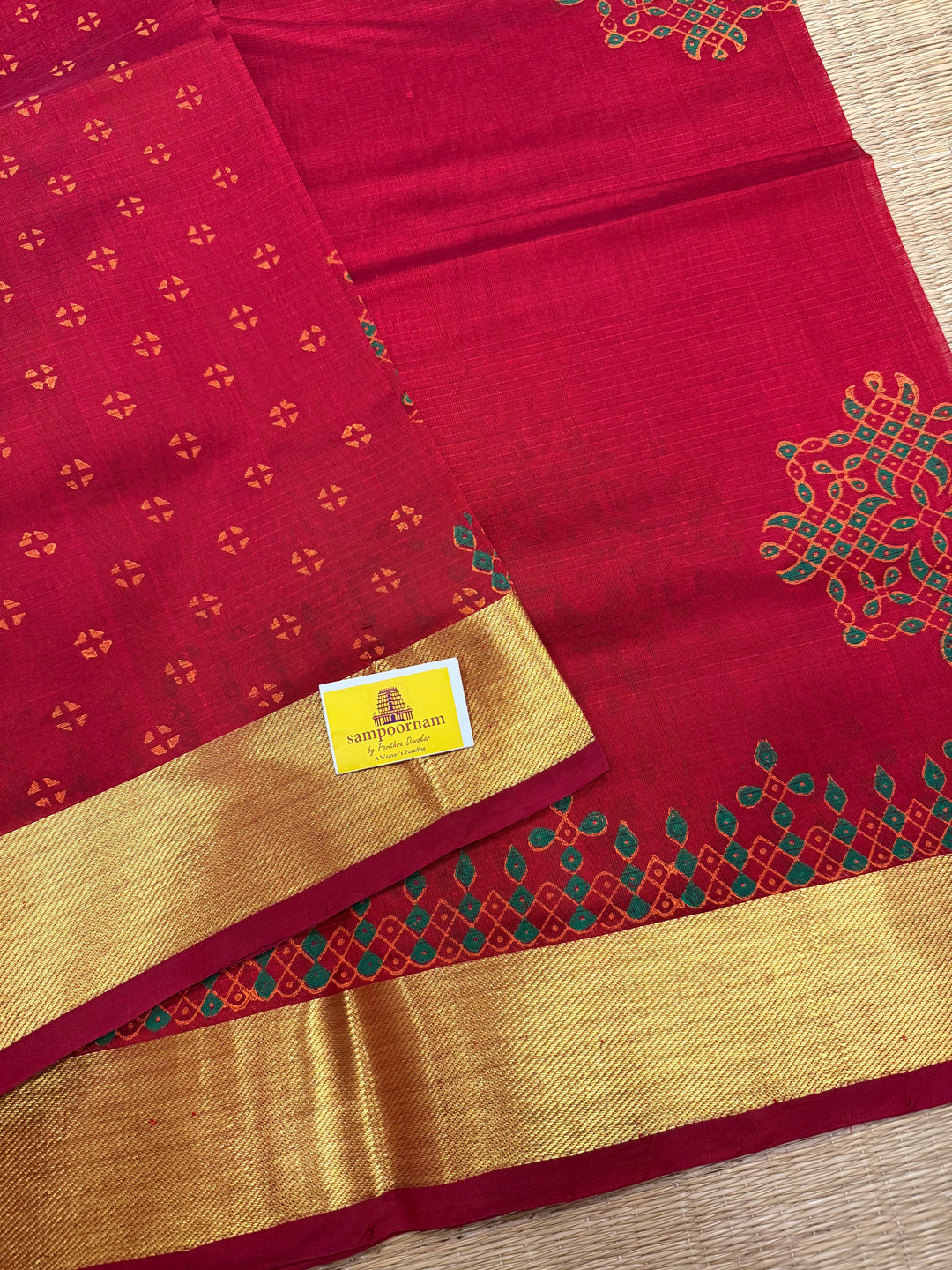 Red Kolam Handblock Printed Silk Cotton Saree