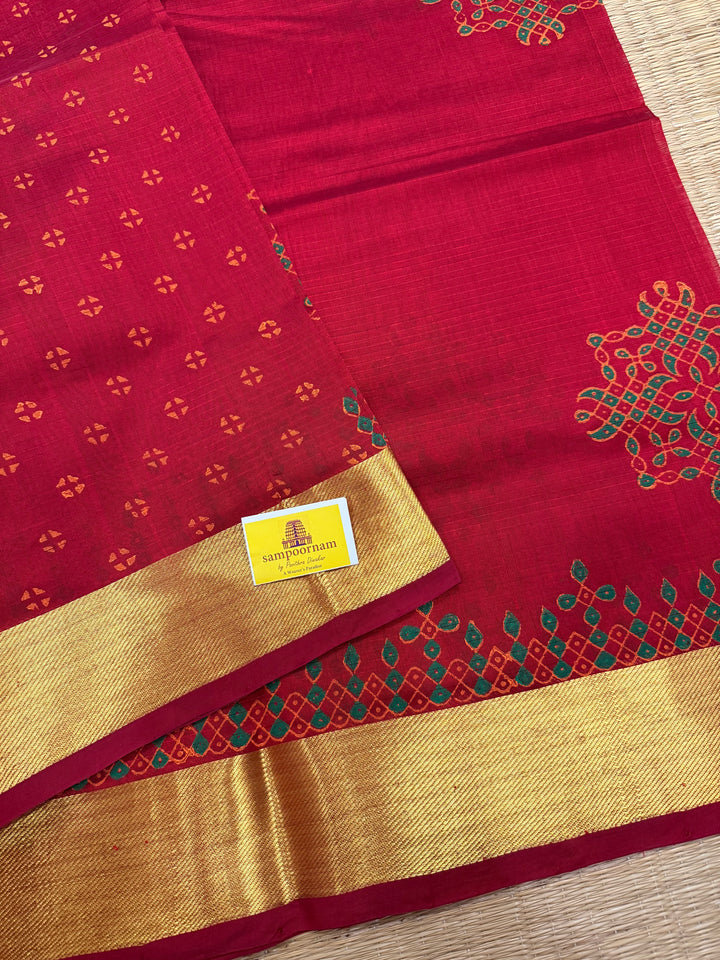 Red Kolam Handblock Printed Silk Cotton Saree