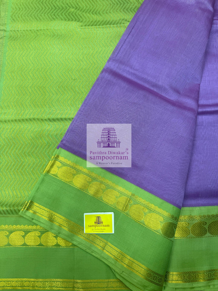 Lavender with Pastel Green , rettapet Mango border and rich Pallu Korvai Silk Cotton Saree