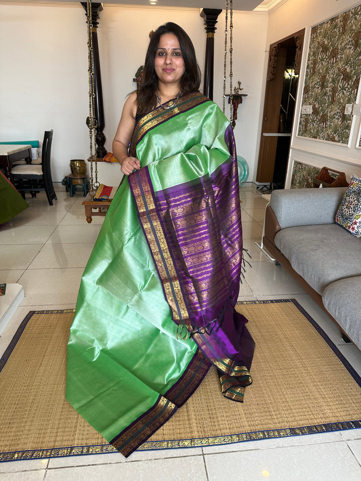 Light Rexona Green with Purple Rich Pallu Korvai Silk Cotton Saree