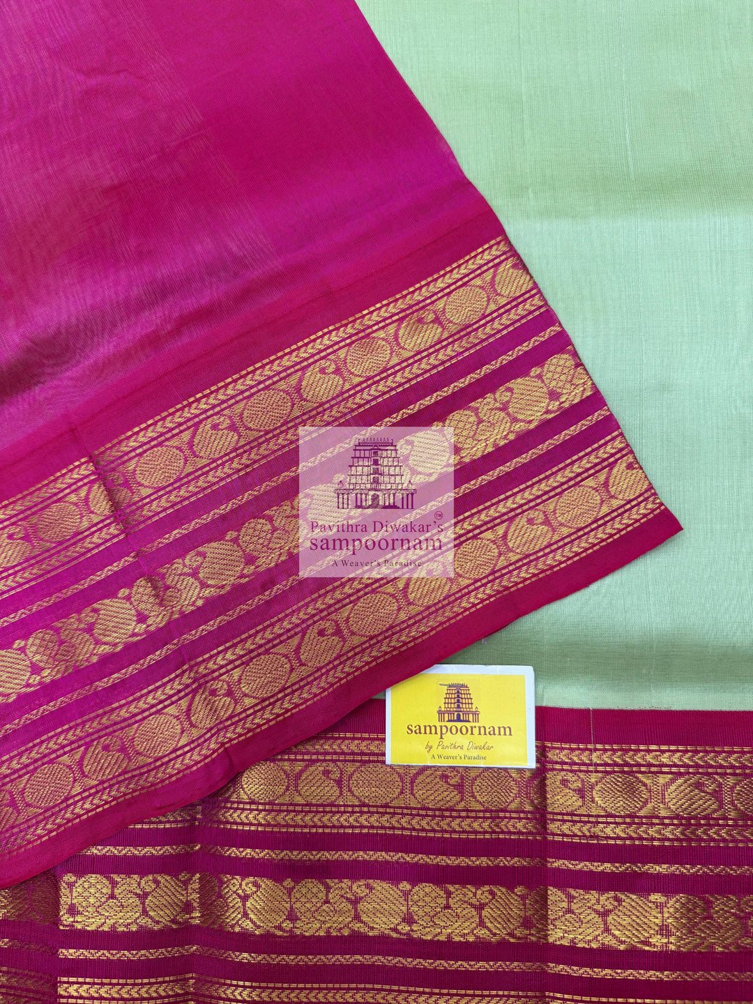 Pastel Green with Pink , Kanchi traditional borders and rich Pallu Korvai Silk Cotton Saree