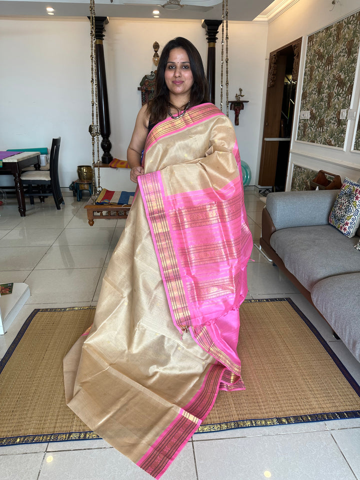 Cream with Baby Pink Body Butta Rich Pallu Korvai Silk Cotton Saree