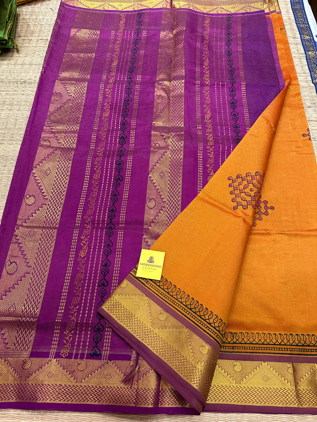 Orange With Purple Vairaoosi Kolam Handblock Printed Silk Cotton Saree