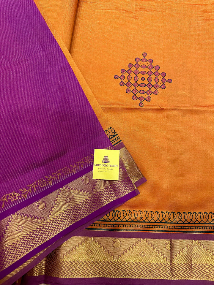 Orange With Purple Vairaoosi Kolam Handblock Printed Silk Cotton Saree