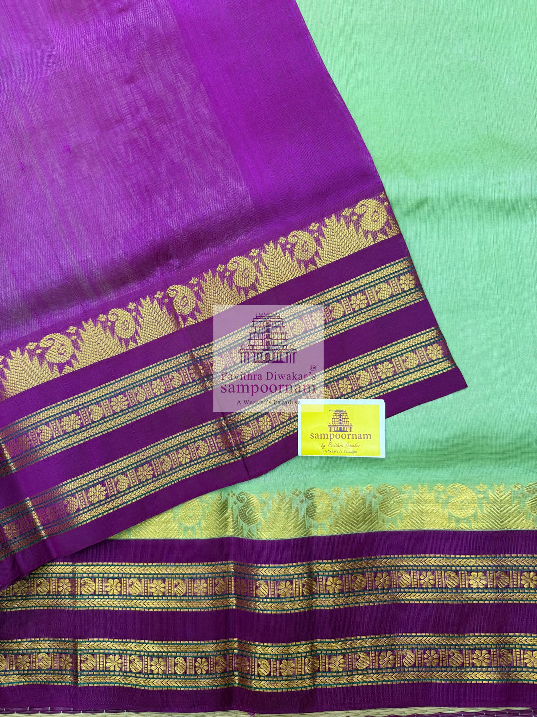 Pastel Green with Purple , Temple design with rettapet border and rich Pallu Korvai Silk Cotton Saree