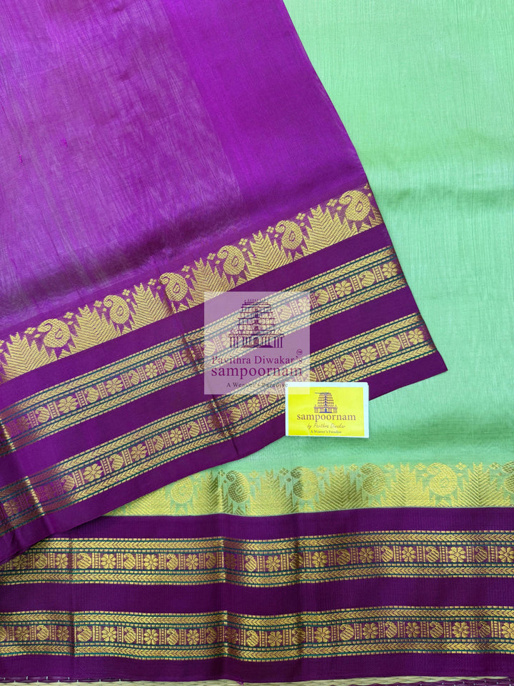 Pastel Green with Purple , Temple design with rettapet border and rich Pallu Korvai Silk Cotton Saree