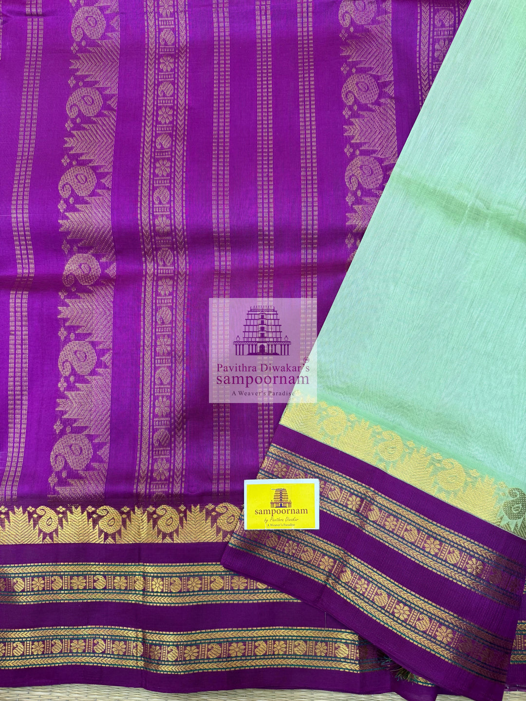 Pastel Green with Purple , Temple design with rettapet border and rich Pallu Korvai Silk Cotton Saree