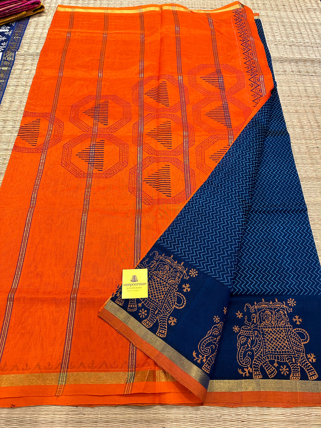 Blue with Orange Handblock Printed Silk Cotton Saree