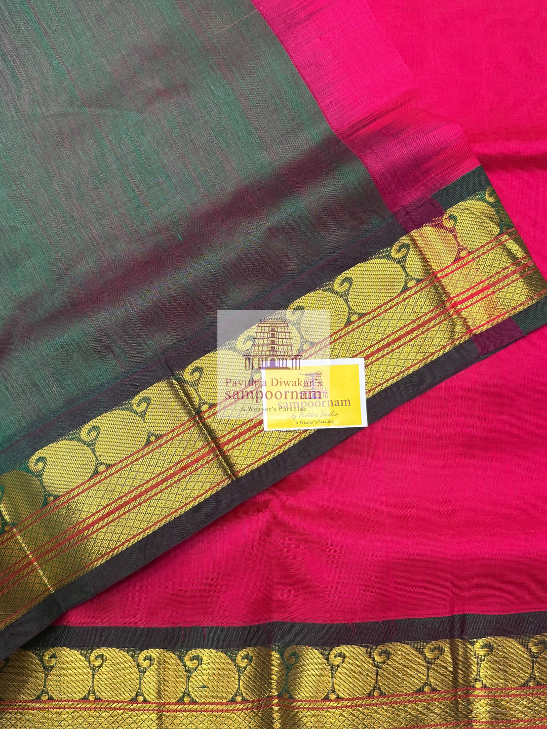Magenta with Green , traditional borders and rich Pallu Korvai Silk Cotton Saree