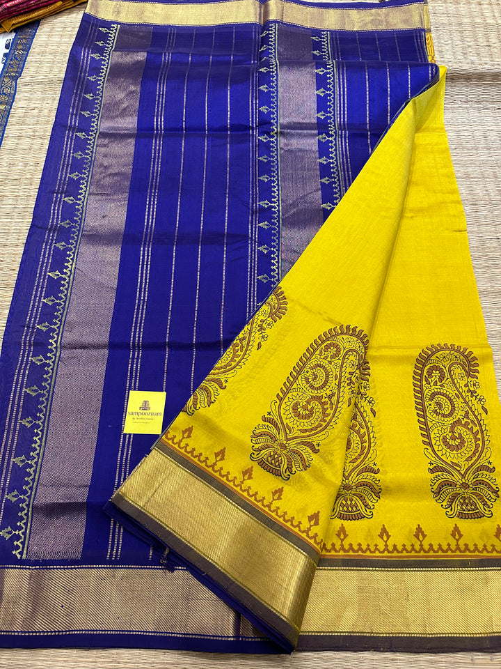 Yellow with Blue Handblock Printed Silk Cotton Saree