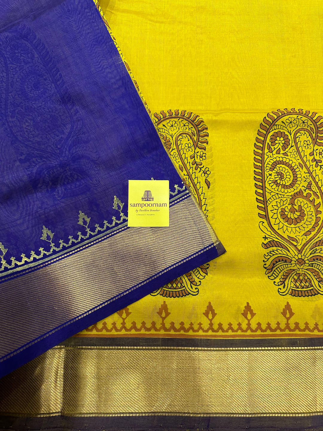 Yellow with Blue Handblock Printed Silk Cotton Saree