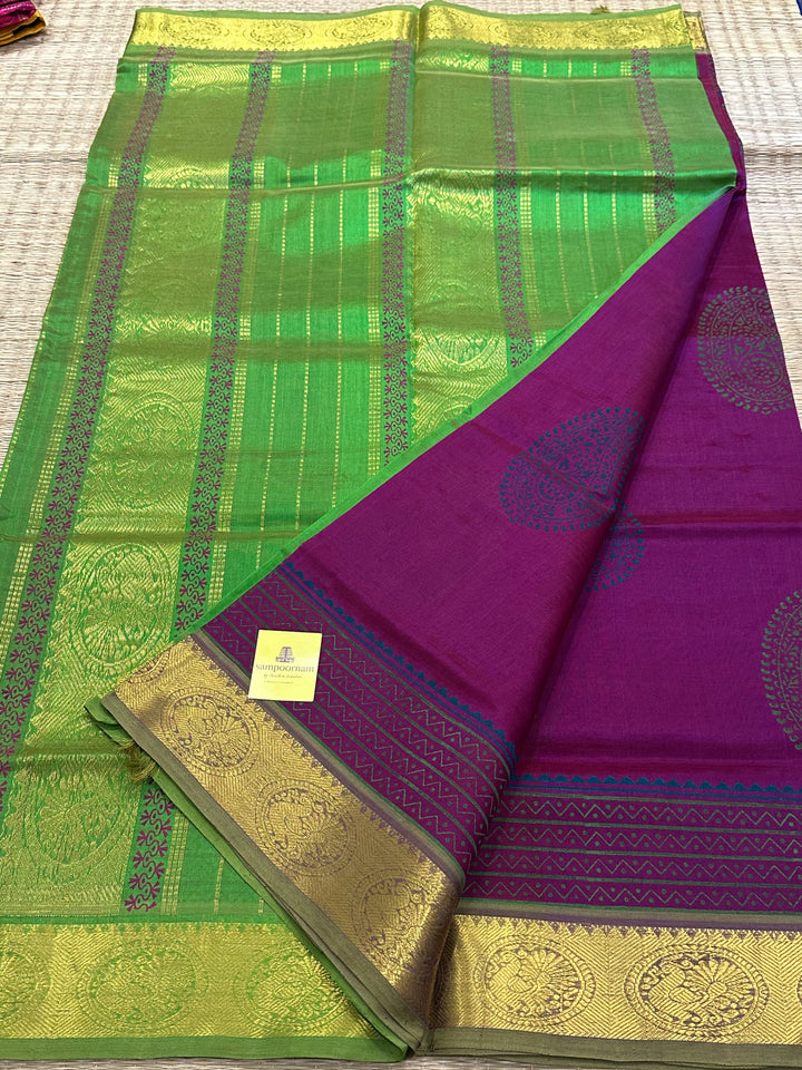 Plum Colour with Green Handblock Printed Silk Cotton Saree