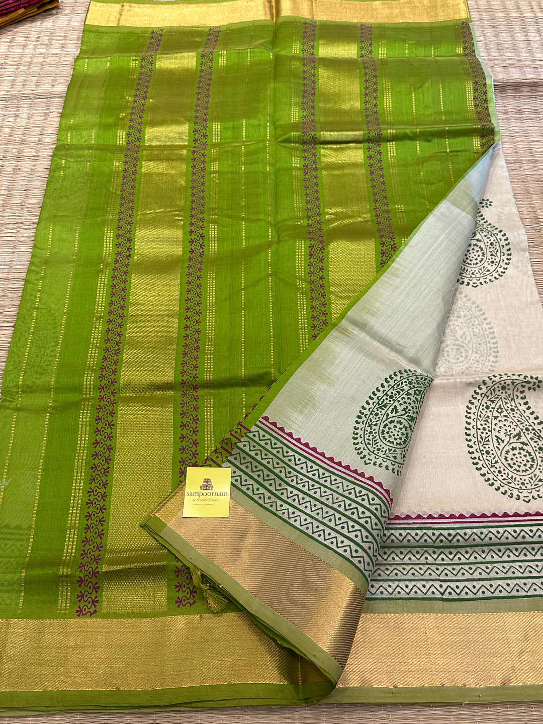 Offwhite with Green Handblock Printed Silk Cotton Saree