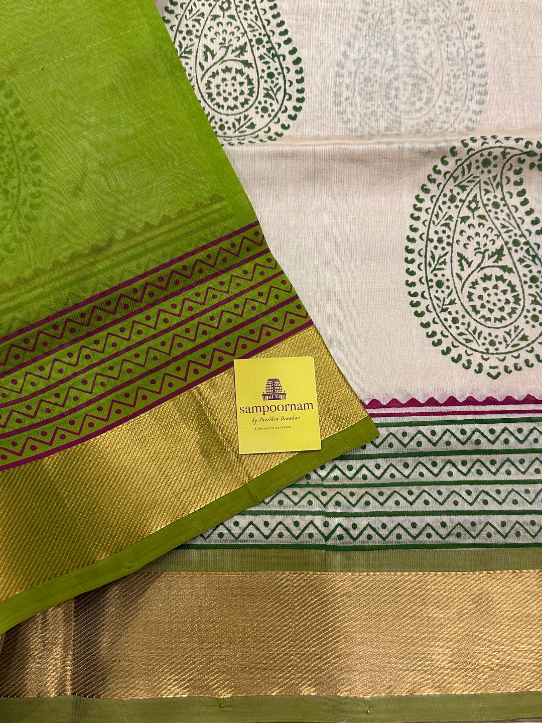 Offwhite with Green Handblock Printed Silk Cotton Saree