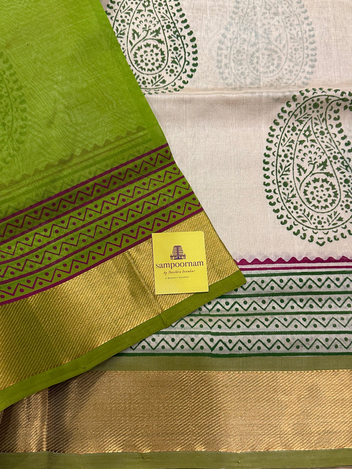 Offwhite with Green Handblock Printed Silk Cotton Saree