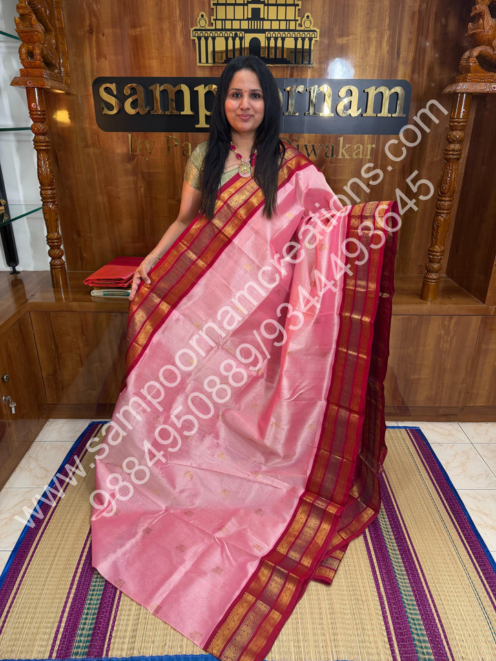 Onion Pink with Red, Triple Traditional Kanchi Border, Rich Pallu, Pure Korvai Silk Cotton Saree