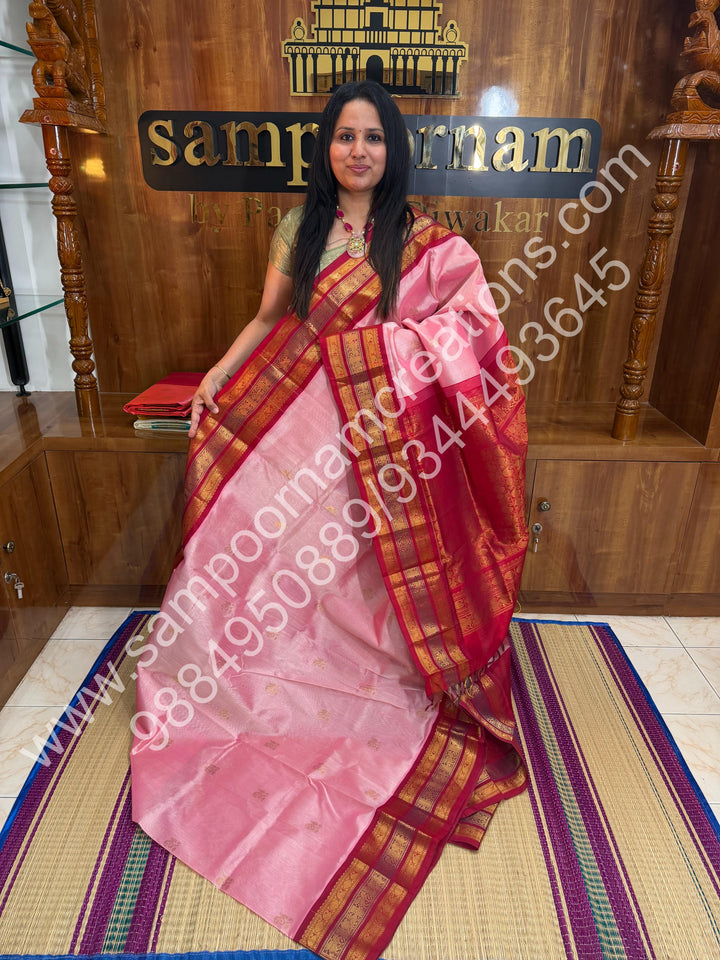 Onion Pink with Red, Triple Traditional Kanchi Border, Rich Pallu, Pure Korvai Silk Cotton Saree