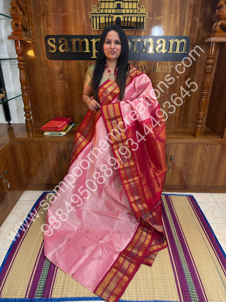 Onion Pink with Red, Triple Traditional Kanchi Border, Rich Pallu, Pure Korvai Silk Cotton Saree