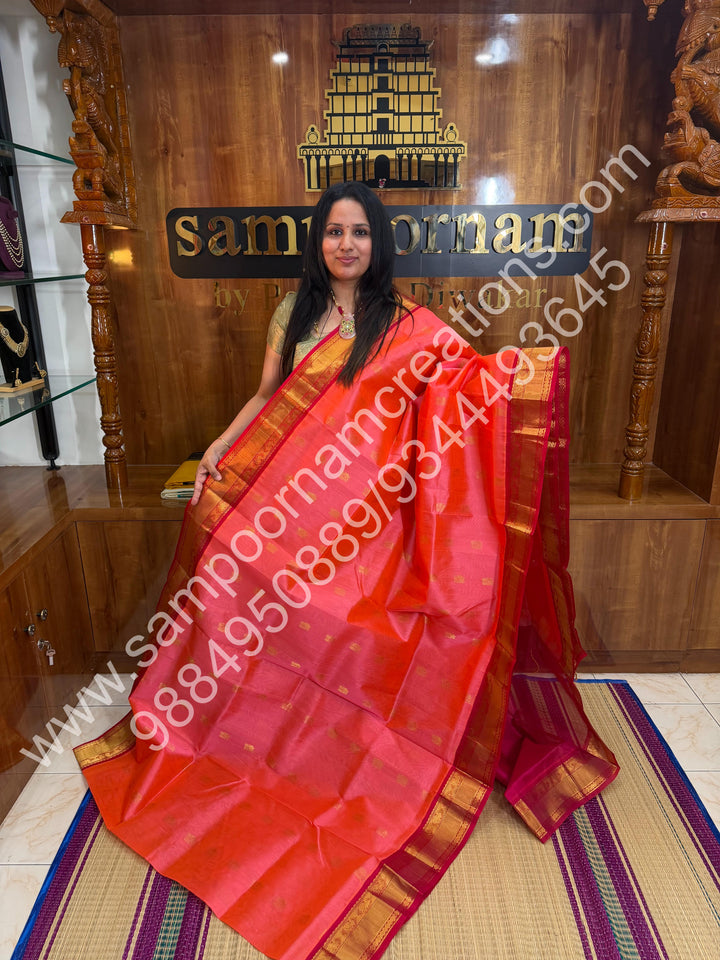 Pink with Dark Pink , Traditional Kanchi Silk Border, Rich Pallu, Pure Korvai Silk Cotton Saree