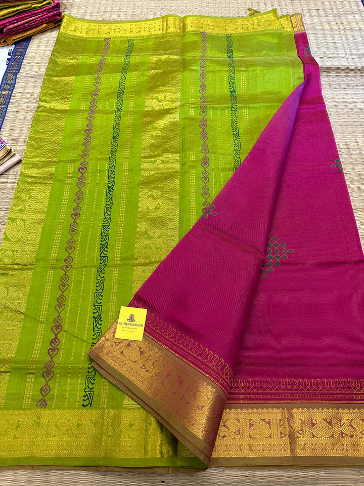 Magenta with Green Vairaoosi Kolam Handblock Printed Silk Cotton Saree