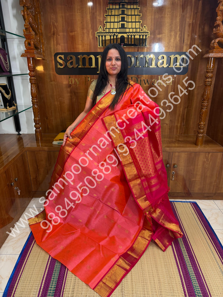 Pink with Dark Pink , Traditional Kanchi Silk Border, Rich Pallu, Pure Korvai Silk Cotton Saree