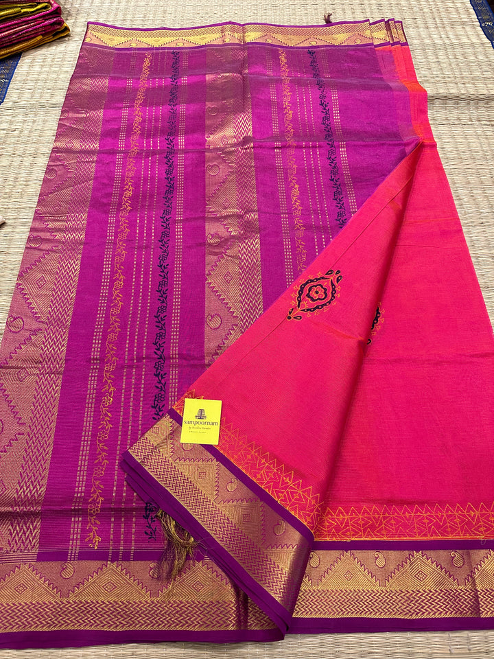 Pink with Puple Vairaoosi Handblock Printed Silk Cotton Saree