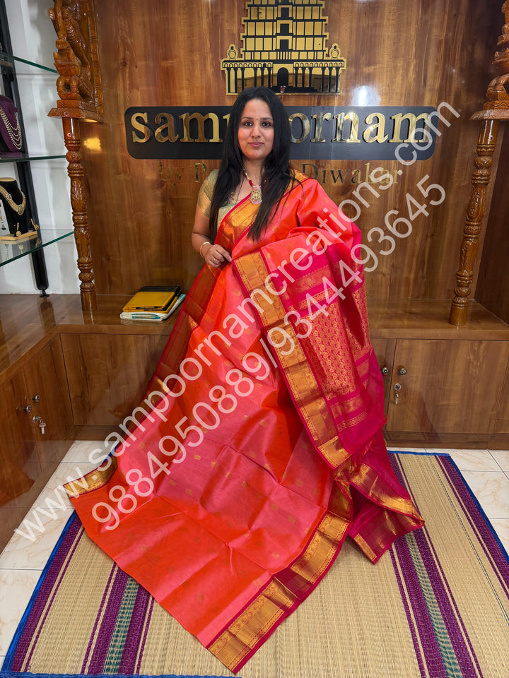 Pink with Dark Pink , Traditional Kanchi Silk Border, Rich Pallu, Pure Korvai Silk Cotton Saree