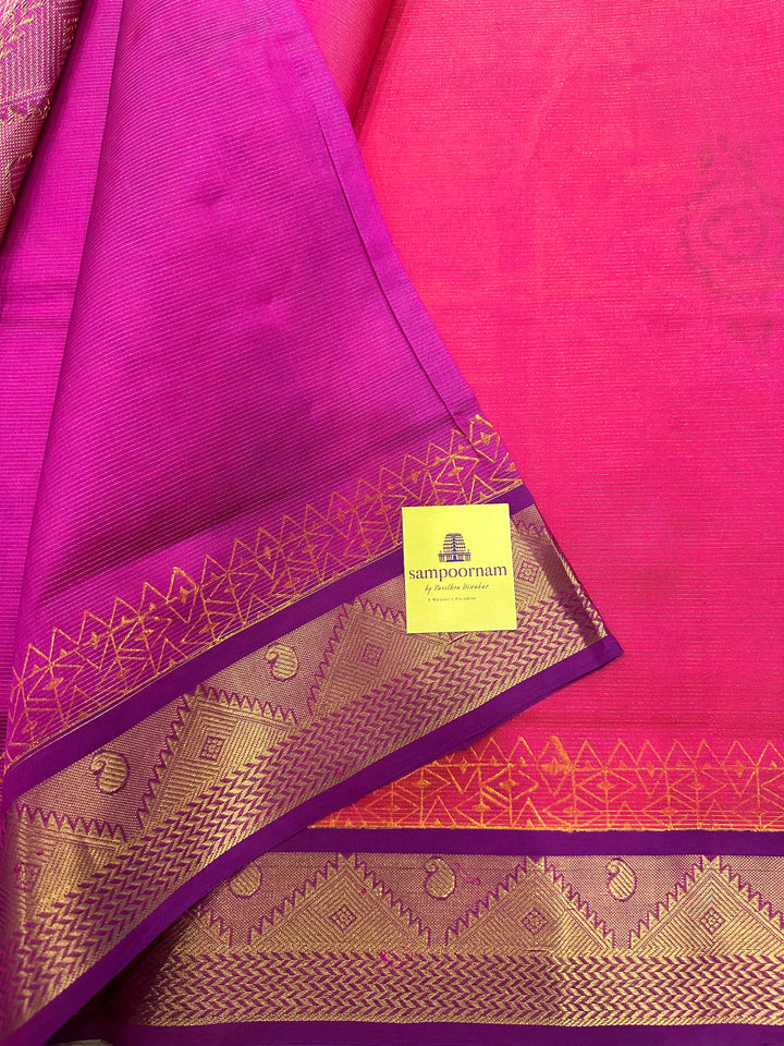 Pink with Puple Vairaoosi Handblock Printed Silk Cotton Saree