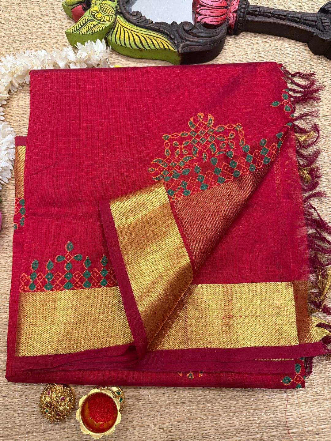 Red Kolam Handblock Printed Silk Cotton Saree