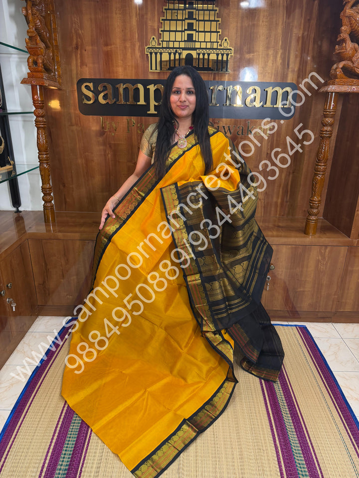 Yellow with Black, Traditional  Kanchi Border, Rich Pallu, Pure Korvai Silk Cotton Saree