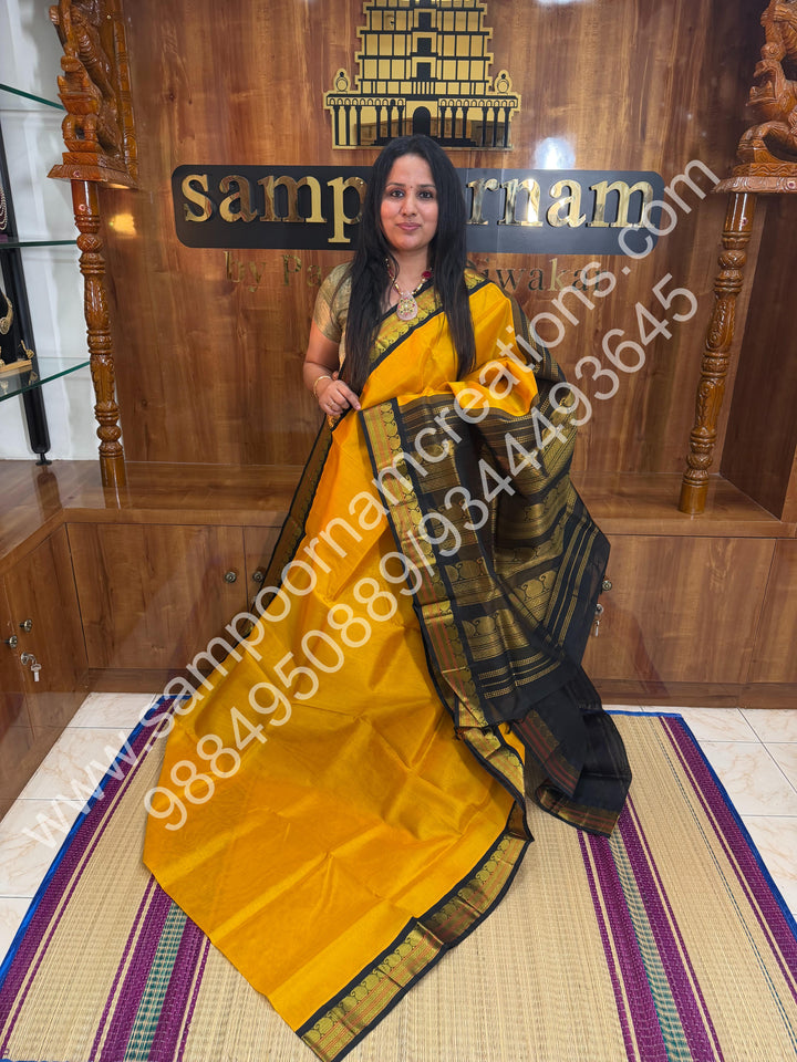 Yellow with Black, Traditional  Kanchi Border, Rich Pallu, Pure Korvai Silk Cotton Saree