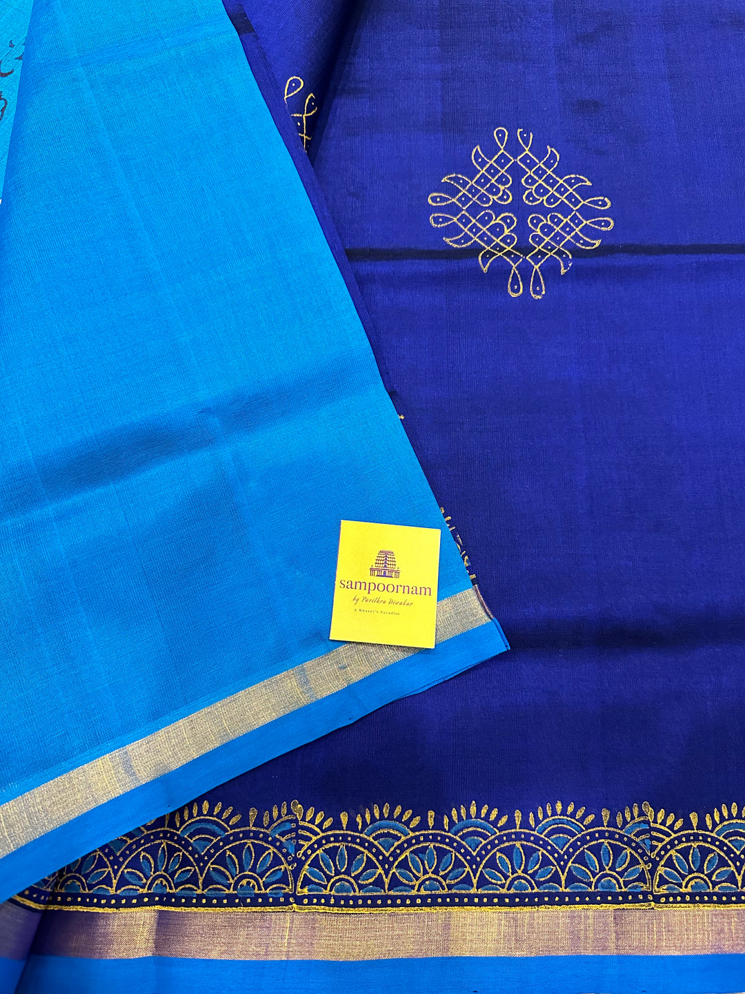 Dark Blue with Light Blue Kolam Handblock Printed Silk Cotton Saree