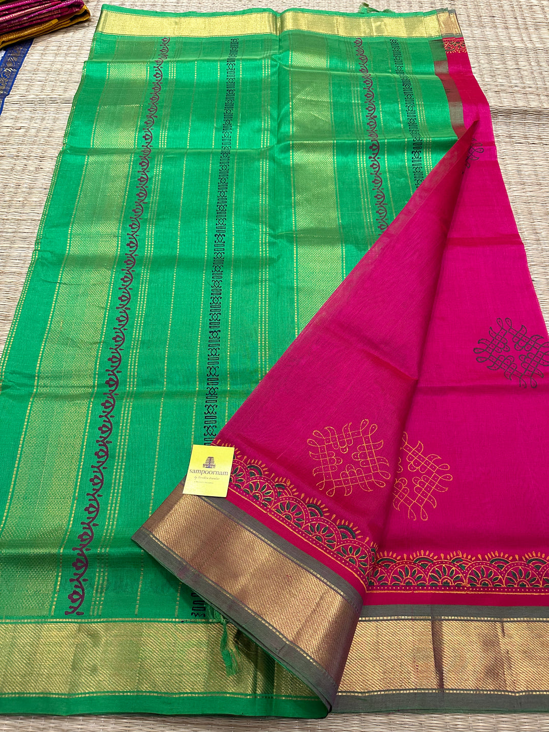 Reddish Pink With Green Kolam Handblock Printed Silk Cotton Saree