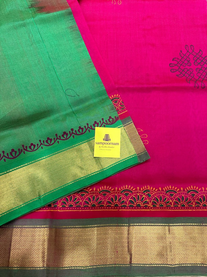 Reddish Pink With Green Kolam Handblock Printed Silk Cotton Saree