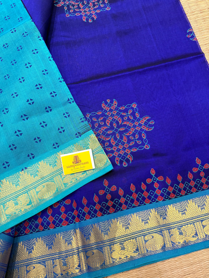 Dark Blue with Light Blue Kolam Handblock Printed Silk Cotton Saree