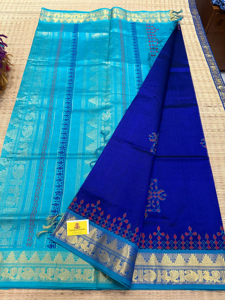 Dark Blue with Light Blue Kolam Handblock Printed Silk Cotton Saree