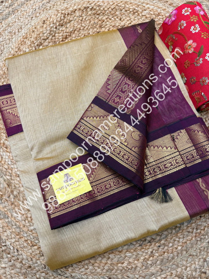 Gold with Wine , Vairaoosi Zari Lines in the body , Traditional borders and rich Pallu Korvai Silk Cotton