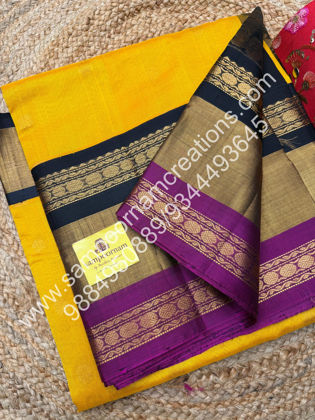 Mambazha Manjal with Black , Floral Zari butta in the body , One side triple border and rich Pallu Korvai Silk Cotton Saree