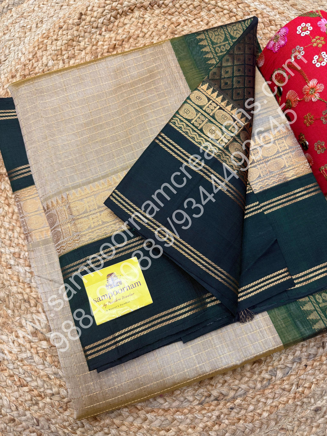 Gold with Green  , Zari checks in the body and rettapet border, rich Pallu Korvai  Silk Cotton Saree