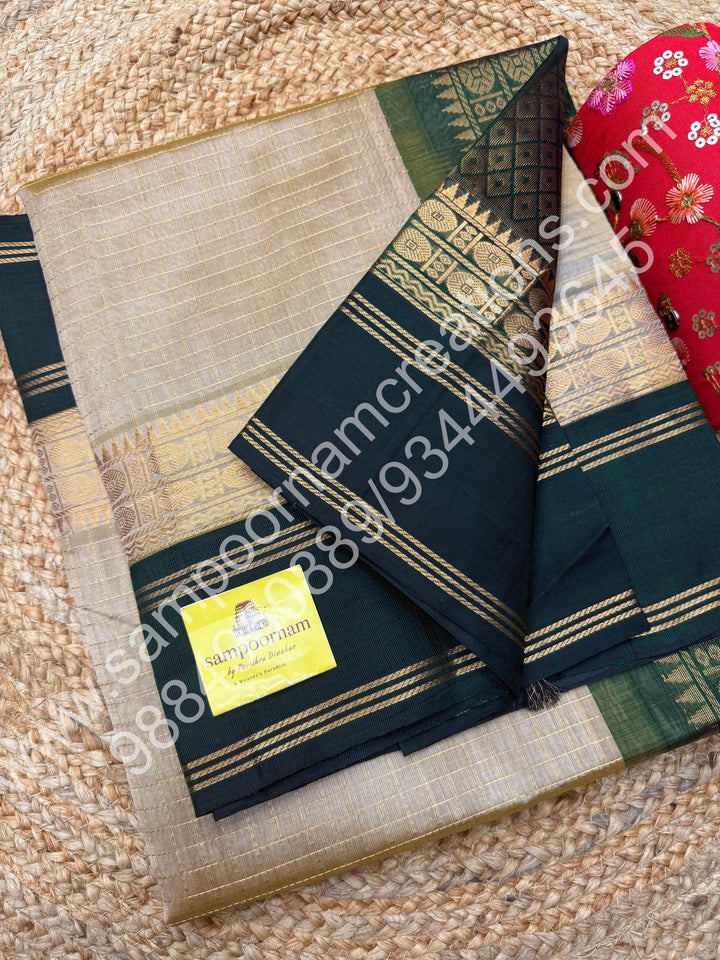 Gold with Green  , Zari checks in the body and rettapet border, rich Pallu Korvai  Silk Cotton Saree