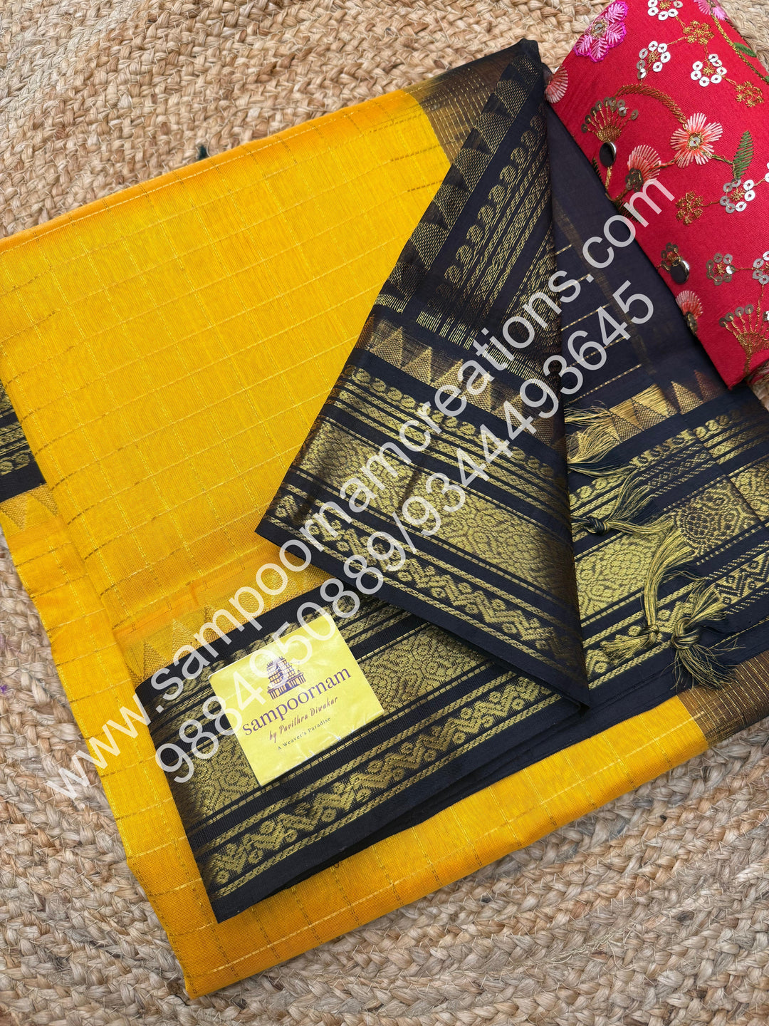 Manjal with Dark Brown  , rich Zari checks in the body , traditional borders and rich Pallu Korvai Silk Cotton