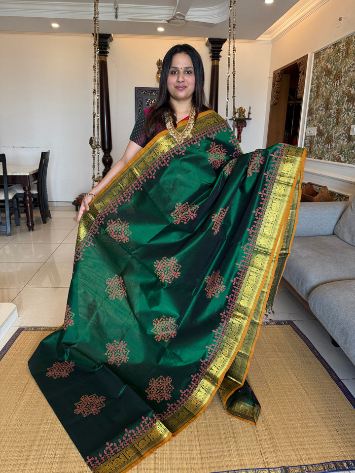 Dark Green with Mustard Selvedge Kolam Handblock Printed Silk Cotton Saree