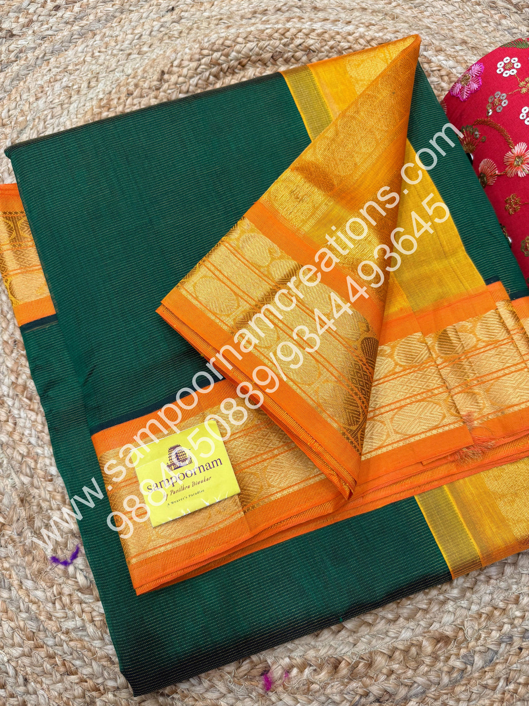 Dark Green with Manjal , Vairaoosi Zari Lines in the body , Traditional borders and rich Pallu Korvai Silk Cotton
