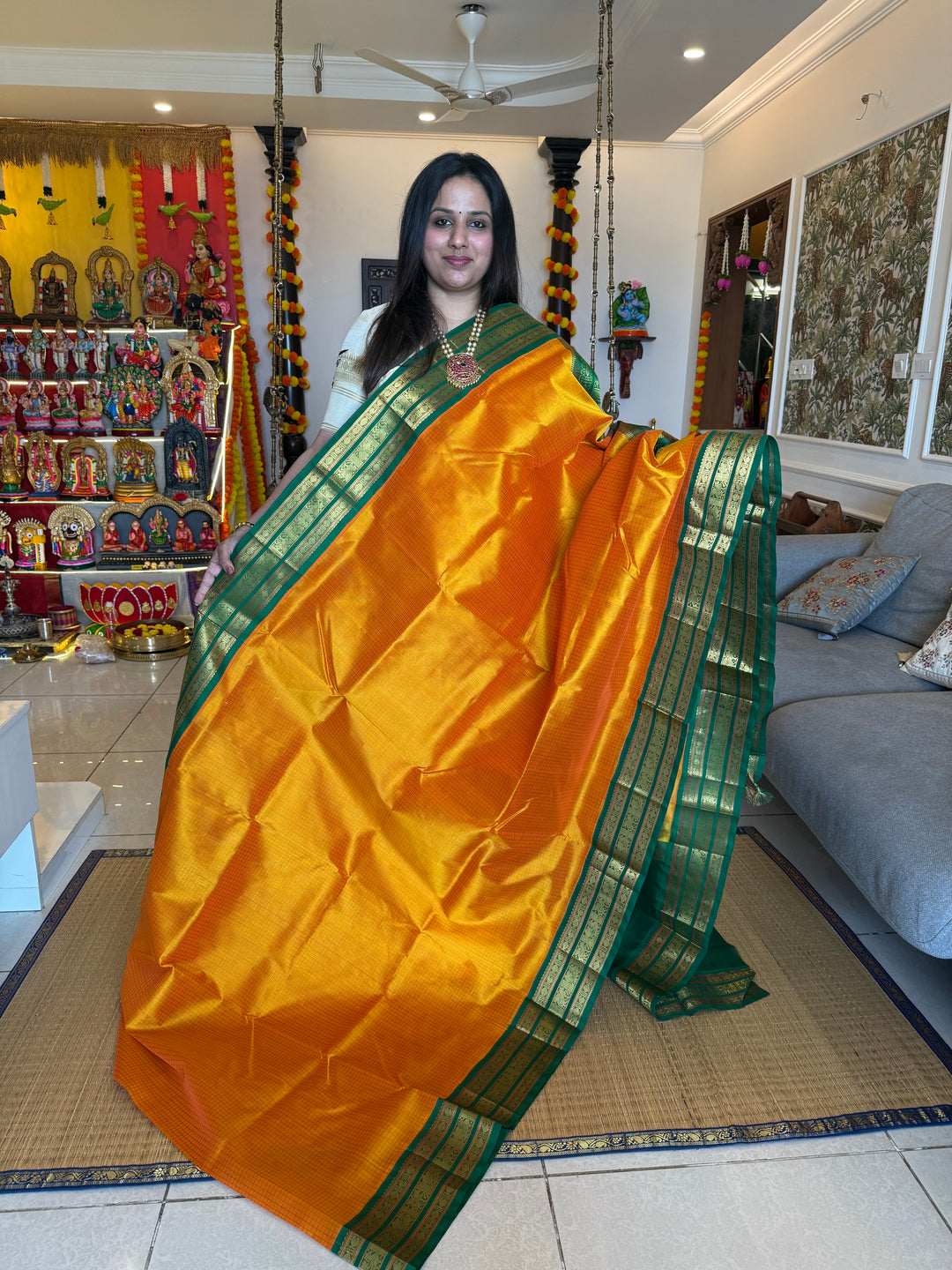Mambazha Manjal with Green Podi Kattam  , traditional kanchi borders and rich Pallu Korvai Silk Cotton Saree