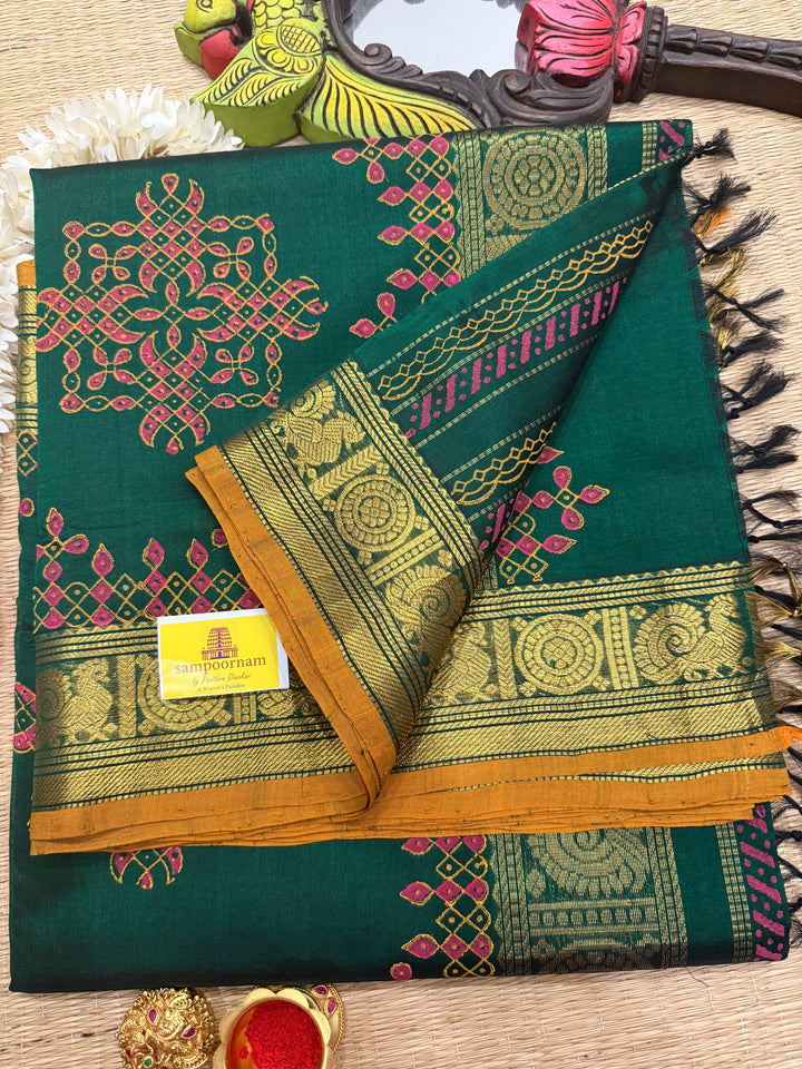 Dark Green with Mustard Selvedge Kolam Handblock Printed Silk Cotton Saree